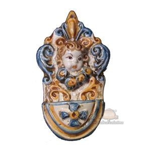 Acquasantiera piccola angioletto h 12 blu/arancio - Bomboniera