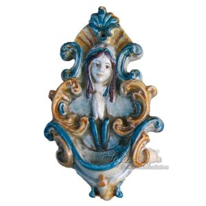 Acquasantiera piccola madonna 3° M h 18 blu/arancio