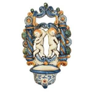 Acquasantiera traforata h 20 angeli ai lati tricolore