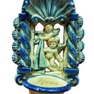 Acquasantiera traforata h 20 angeli c/drappeggio mono blu