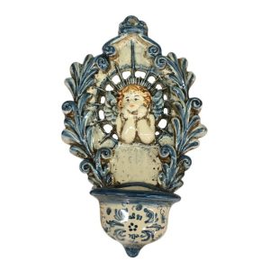 Acquasantiera traforata h 20 angelo c/acanto mono blu