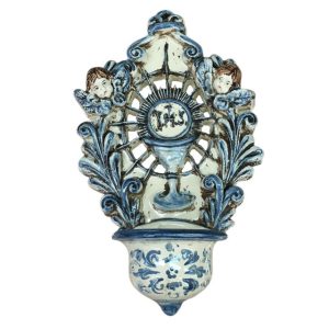 Acquasantiera traforata h 20 angioletti mono blu