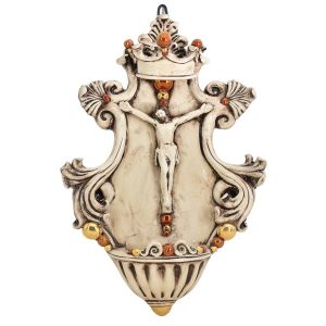Acquasantiera media appl 19x30 cristo in rilievo madreperla antichizzato oro e lustri