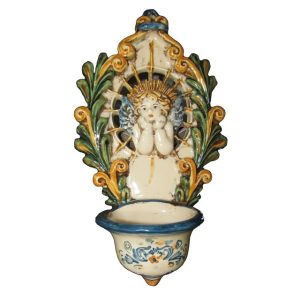 Acquasantiera traforata h 20 angelo c/acanto tricolore