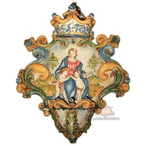 Acquasantiera grande appl 25x35 madonna del cardellino tricolore