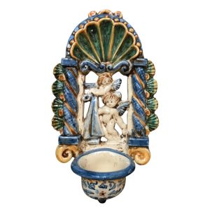 Acquasantiera traforata h 20 angeli c/drappeggio tricolore