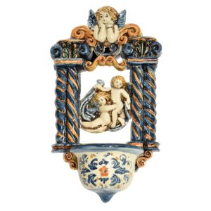 Acquasantiera traforata h 25 angeli c/drappeggio tricolore