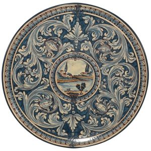 Piatto Ø 37 c/paesaggio ornato mono blu