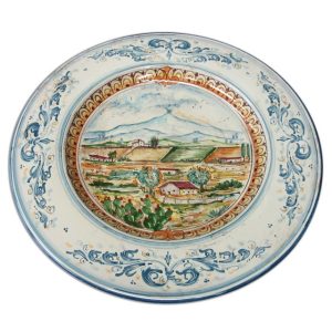 Piatto cap. prete c/paesaggio Ø 35 s. d'arte blu/arancio