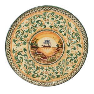 Piatto cap. prete c/veliero Ø 40 s. d'arte verde/arancio