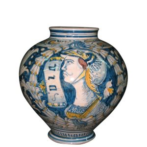 Vaso palla h 25 ornato mono blu decoro santo/pa c/figurato
