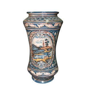 Vaso albarello h 30 ornato mono blu c/paesaggio