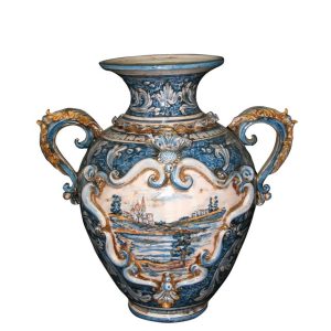 Vaso anfora h 40 c/greca rilievo ornato mono blu c/paesaggio