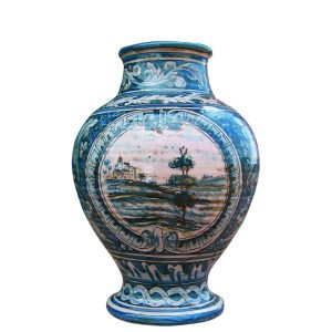 Vaso boccia h 35 ornato mono blu c/paesaggio