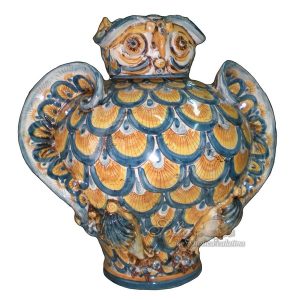 Gufo potiche medio applicato h 30 coda pavone blu/arancio