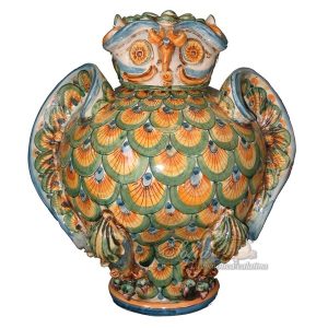 Gufo potiche medio applicato h 30 coda pavone verde/arancio