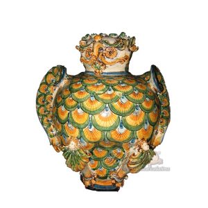 Gufo potiche medio applicato h 30 coda pavone verde/arancio