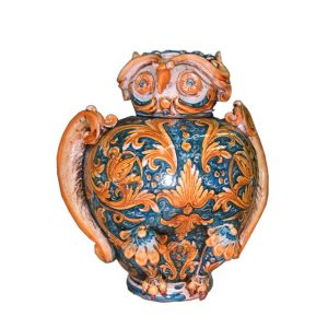 Gufo potiche medio applicato h 30 ornato fondo blu