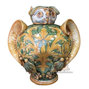 Gufo potiche medio applicato h 30 ornato fondo verde