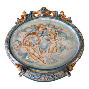 Ovale orizzontale medio c/ 3 angeli 23x25 blu/arancio
