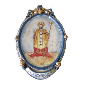 Ovale verticale grande s. Nicola di Bari 32x50 blu/arancio