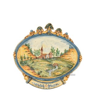 Ovale orizzontale grande c/paesaggio 42x40 s. d'arte blu/arancio