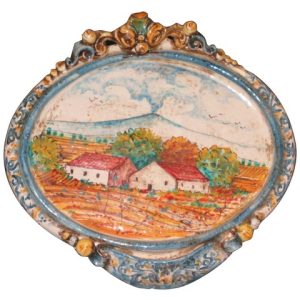 Ovale orizzontale medio c/paesaggio etna 23x25 blu/arancio