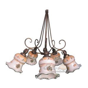 Lampadario Ø 50 ferro battuto c/coppette da Ø 16 verde/arancio