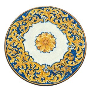 Tavolo in pietra lavica Ø 80 ornato c/rosone fondo blu (c/piede articolo 109/a)