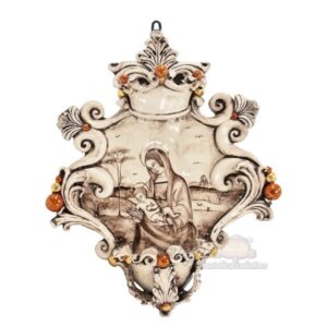 Acquasantiera grande appl 25x35 di raffaello/madonna con libro madreperla antichizzato oro e lustri