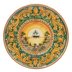 Piatto Ø 43 c/veliero ornato fondo verde