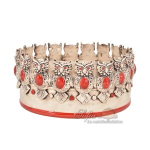 Centrotavola Ø 22 con gufi madreperla antichizzato rosso