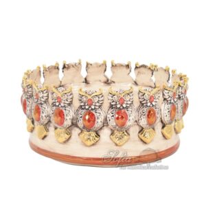 Centrotavola Ø 22 con gufi madreperla antichizzato oro e lustri