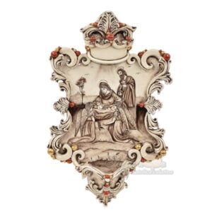 Acquasantiera maxi appl rettangolare 35x45 natività c/angeli madreperla antichizzato oro e lustri