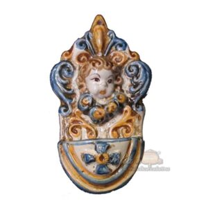 Acquasantiera piccola angioletto h 12 blu/arancio - Bomboniera