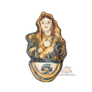 Acquasantiera piccola madonna 1° M h 11 blu/arancio - Bomboniera