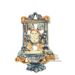 Acquasantiera traforata h 11 angioletto blu/arancio - Bomboniera