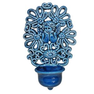 Acquasantiera traforata h 17 angioletto blu intenso - Bomboniera