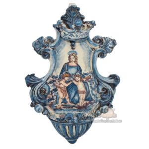 Acquasantiera media appl 19x30 madonna del cardellino mono blu