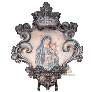Acquasantiera grande appl 25x35 madonna c/gesù c/mondo mono blu