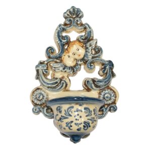 Acquasantiera traforata h 17 angioletti mono blu - Bomboniera