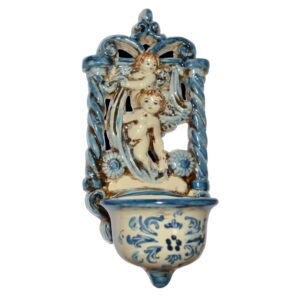 Acquasantiera traforata h 20 angeli abbracciati mono blu