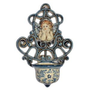 Acquasantiera traforata h 20 angioletto mono blu
