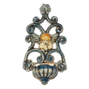 Acquasantiera traforata h 11 angioletto c/flauto mono blu - Bomboniera