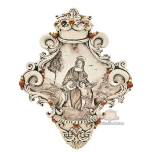 Acquasantiera maxi appl triangolare 35x45 madonna del cardellino madreperla antichizzato oro e lustri