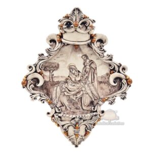 Acquasantiera maxi appl triangolare 35x45 natività c/angeli madreperla antichizzato oro e lustri
