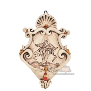 Acquasantiera piccola appl 15x25 angelo in piedi madreperla antichizzato oro e lustri