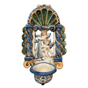 Acquasantiera traforata h 20 angeli c/drappeggio tricolore