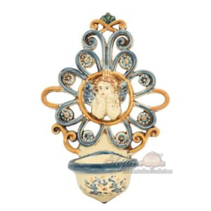 Acquasantiera traforata h 17 angioletto blu/arancio - Bomboniera