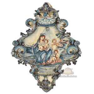 Acquasantiera maxi appl triangolare 35x45 madonna con angeli musico mono blu